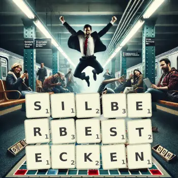 Kreative Illustration für ein Scrabble-Spiel, bei dem das Wort SILBERBESTECKEN mit Steinen auf dem Brett gelegt wurde.