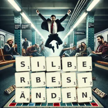 Kreative Illustration für ein Scrabble-Spiel, bei dem das Wort SILBERBESTÄNDEN mit Steinen auf dem Brett gelegt wurde.
