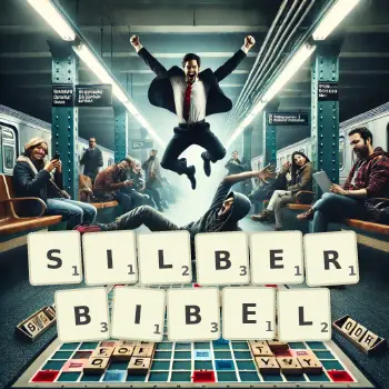 Kreative Illustration für ein Scrabble-Spiel, bei dem das Wort SILBERBIBEL mit Steinen auf dem Brett gelegt wurde.