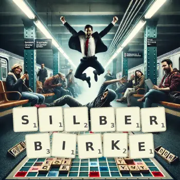 Kreative Illustration für ein Scrabble-Spiel, bei dem das Wort SILBERBIRKE mit Steinen auf dem Brett gelegt wurde.