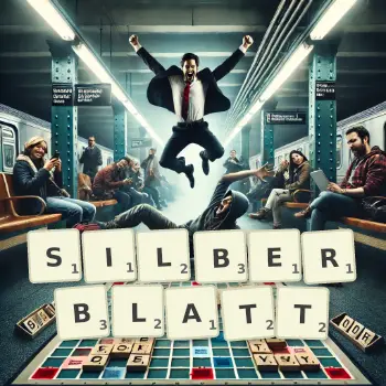 Kreative Illustration für ein Scrabble-Spiel, bei dem das Wort SILBERBLATT mit Steinen auf dem Brett gelegt wurde.