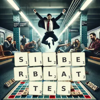 Kreative Illustration für ein Scrabble-Spiel, bei dem das Wort SILBERBLATTES mit Steinen auf dem Brett gelegt wurde.