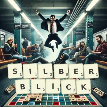 Kreative Illustration für ein Scrabble-Spiel, bei dem das Wort SILBERBLICK mit Steinen auf dem Brett gelegt wurde.