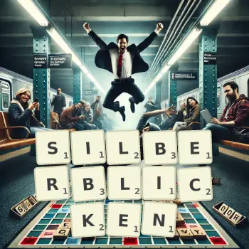 Kreative Illustration für ein Scrabble-Spiel, bei dem das Wort SILBERBLICKEN mit Steinen auf dem Brett gelegt wurde.