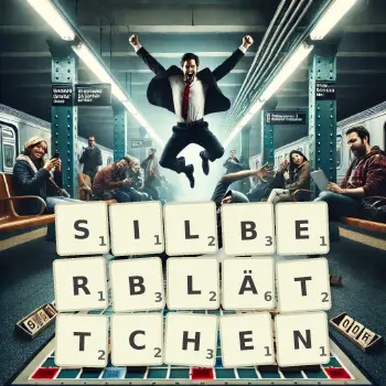 Kreative Illustration für ein Scrabble-Spiel, bei dem das Wort SILBERBLÄTTCHEN mit Steinen auf dem Brett gelegt wurde.