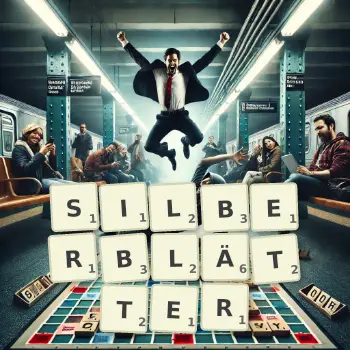 Kreative Illustration für ein Scrabble-Spiel, bei dem das Wort SILBERBLÄTTER mit Steinen auf dem Brett gelegt wurde.