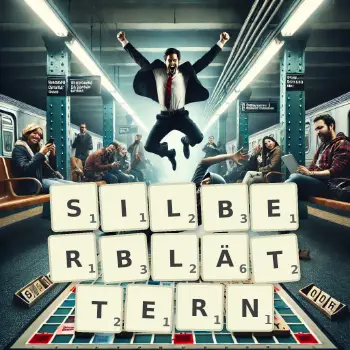 Kreative Illustration für ein Scrabble-Spiel, bei dem das Wort SILBERBLÄTTERN mit Steinen auf dem Brett gelegt wurde.