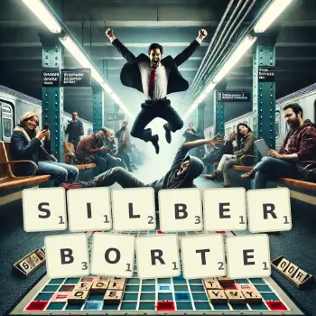 Kreative Illustration für ein Scrabble-Spiel, bei dem das Wort SILBERBORTE mit Steinen auf dem Brett gelegt wurde.