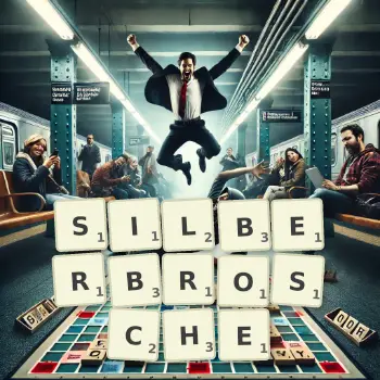 Kreative Illustration für ein Scrabble-Spiel, bei dem das Wort SILBERBROSCHE mit Steinen auf dem Brett gelegt wurde.