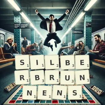 Kreative Illustration für ein Scrabble-Spiel, bei dem das Wort SILBERBRUNNENS mit Steinen auf dem Brett gelegt wurde.