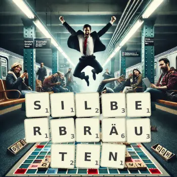 Kreative Illustration für ein Scrabble-Spiel, bei dem das Wort SILBERBRÄUTEN mit Steinen auf dem Brett gelegt wurde.