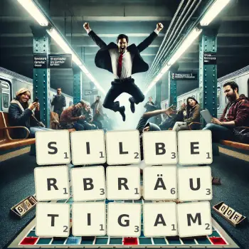 Kreative Illustration für ein Scrabble-Spiel, bei dem das Wort SILBERBRÄUTIGAM mit Steinen auf dem Brett gelegt wurde.