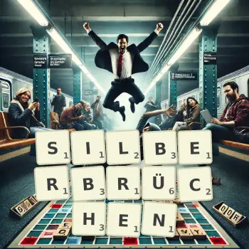 Kreative Illustration für ein Scrabble-Spiel, bei dem das Wort SILBERBRÜCHEN mit Steinen auf dem Brett gelegt wurde.