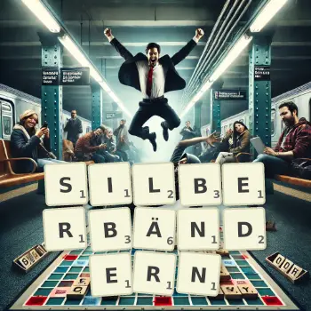 Kreative Illustration für ein Scrabble-Spiel, bei dem das Wort SILBERBÄNDERN mit Steinen auf dem Brett gelegt wurde.