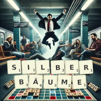 Kreative Illustration für ein Scrabble-Spiel, bei dem das Wort SILBERBÄUME mit Steinen auf dem Brett gelegt wurde.