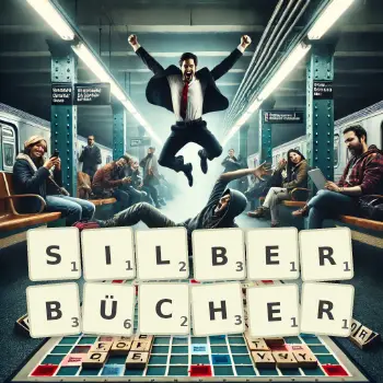 Kreative Illustration für ein Scrabble-Spiel, bei dem das Wort SILBERBÜCHER mit Steinen auf dem Brett gelegt wurde.