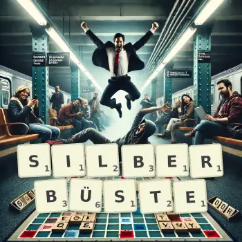 Kreative Illustration für ein Scrabble-Spiel, bei dem das Wort SILBERBÜSTE mit Steinen auf dem Brett gelegt wurde.