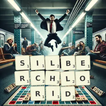 Kreative Illustration für ein Scrabble-Spiel, bei dem das Wort SILBERCHLORID mit Steinen auf dem Brett gelegt wurde.