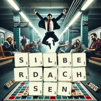 Kreative Illustration für ein Scrabble-Spiel, bei dem das Wort SILBERDACHSEN mit Steinen auf dem Brett gelegt wurde.