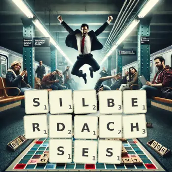 Kreative Illustration für ein Scrabble-Spiel, bei dem das Wort SILBERDACHSES mit Steinen auf dem Brett gelegt wurde.