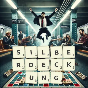 Kreative Illustration für ein Scrabble-Spiel, bei dem das Wort SILBERDECKUNG mit Steinen auf dem Brett gelegt wurde.