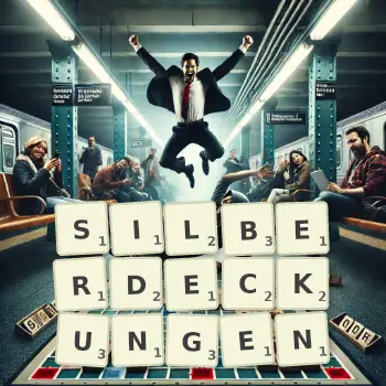 Kreative Illustration für ein Scrabble-Spiel, bei dem das Wort SILBERDECKUNGEN mit Steinen auf dem Brett gelegt wurde.
