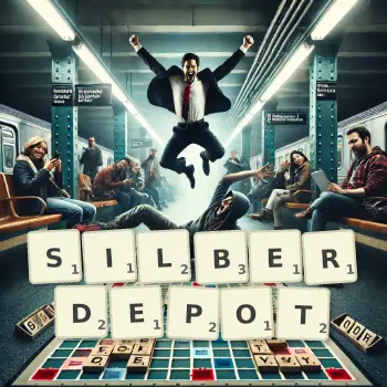 Kreative Illustration für ein Scrabble-Spiel, bei dem das Wort SILBERDEPOT mit Steinen auf dem Brett gelegt wurde.