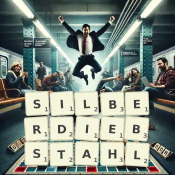 Kreative Illustration für ein Scrabble-Spiel, bei dem das Wort SILBERDIEBSTAHL mit Steinen auf dem Brett gelegt wurde.