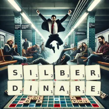 Kreative Illustration für ein Scrabble-Spiel, bei dem das Wort SILBERDINARE mit Steinen auf dem Brett gelegt wurde.