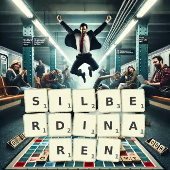 Kreative Illustration für ein Scrabble-Spiel, bei dem das Wort SILBERDINAREN mit Steinen auf dem Brett gelegt wurde.