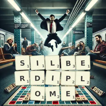 Kreative Illustration für ein Scrabble-Spiel, bei dem das Wort SILBERDIPLOME mit Steinen auf dem Brett gelegt wurde.