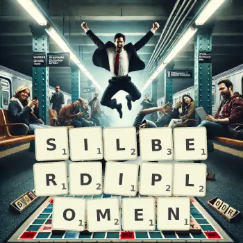 Kreative Illustration für ein Scrabble-Spiel, bei dem das Wort SILBERDIPLOMEN mit Steinen auf dem Brett gelegt wurde.