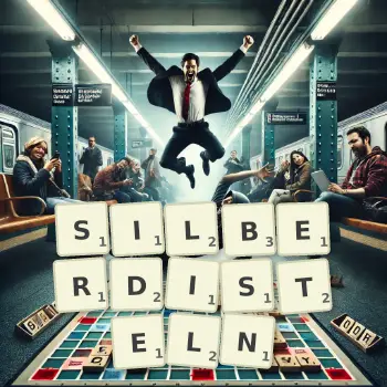 Kreative Illustration für ein Scrabble-Spiel, bei dem das Wort SILBERDISTELN mit Steinen auf dem Brett gelegt wurde.