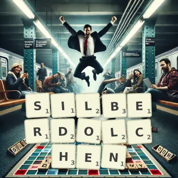 Kreative Illustration für ein Scrabble-Spiel, bei dem das Wort SILBERDOLCHEN mit Steinen auf dem Brett gelegt wurde.