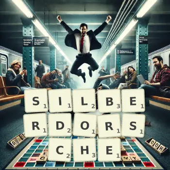 Kreative Illustration für ein Scrabble-Spiel, bei dem das Wort SILBERDORSCHE mit Steinen auf dem Brett gelegt wurde.