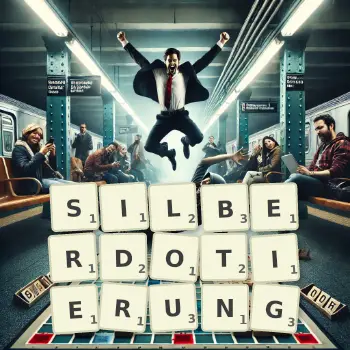 Kreative Illustration für ein Scrabble-Spiel, bei dem das Wort SILBERDOTIERUNG mit Steinen auf dem Brett gelegt wurde.