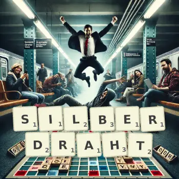 Kreative Illustration für ein Scrabble-Spiel, bei dem das Wort SILBERDRAHT mit Steinen auf dem Brett gelegt wurde.