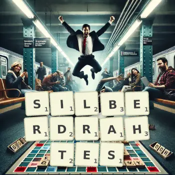 Kreative Illustration für ein Scrabble-Spiel, bei dem das Wort SILBERDRAHTES mit Steinen auf dem Brett gelegt wurde.