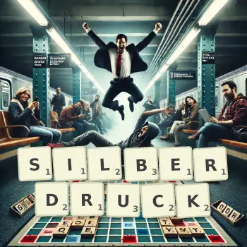 Kreative Illustration für ein Scrabble-Spiel, bei dem das Wort SILBERDRUCK mit Steinen auf dem Brett gelegt wurde.
