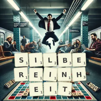 Kreative Illustration für ein Scrabble-Spiel, bei dem das Wort SILBEREINHEIT mit Steinen auf dem Brett gelegt wurde.