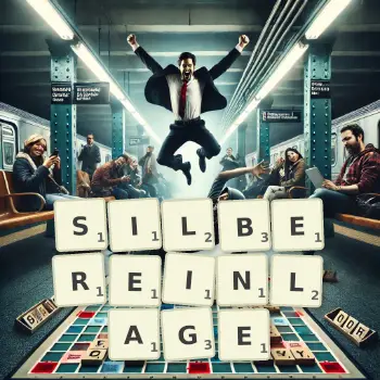 Kreative Illustration für ein Scrabble-Spiel, bei dem das Wort SILBEREINLAGE mit Steinen auf dem Brett gelegt wurde.