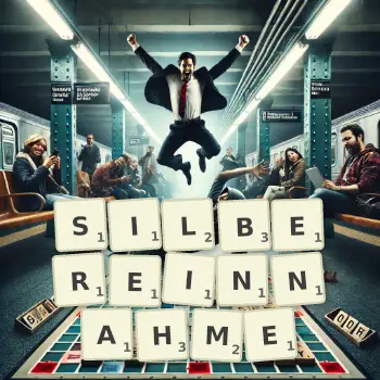 Kreative Illustration für ein Scrabble-Spiel, bei dem das Wort SILBEREINNAHME mit Steinen auf dem Brett gelegt wurde.
