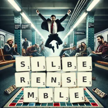 Kreative Illustration für ein Scrabble-Spiel, bei dem das Wort SILBERENSEMBLE mit Steinen auf dem Brett gelegt wurde.