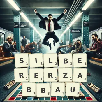 Kreative Illustration für ein Scrabble-Spiel, bei dem das Wort SILBERERZABBAU mit Steinen auf dem Brett gelegt wurde.
