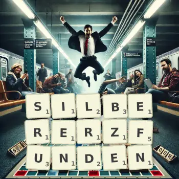 Kreative Illustration für ein Scrabble-Spiel, bei dem das Wort SILBERERZFUNDEN mit Steinen auf dem Brett gelegt wurde.