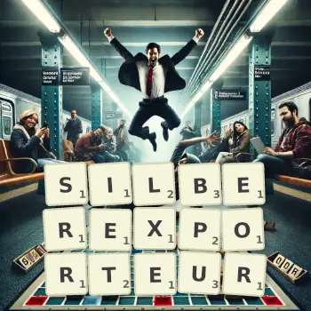 Kreative Illustration für ein Scrabble-Spiel, bei dem das Wort SILBEREXPORTEUR mit Steinen auf dem Brett gelegt wurde.