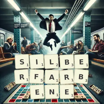 Kreative Illustration für ein Scrabble-Spiel, bei dem das Wort SILBERFARBENE mit Steinen auf dem Brett gelegt wurde.