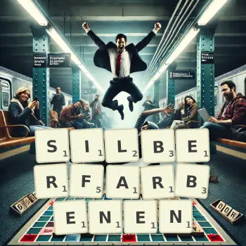 Kreative Illustration für ein Scrabble-Spiel, bei dem das Wort SILBERFARBENEN mit Steinen auf dem Brett gelegt wurde.