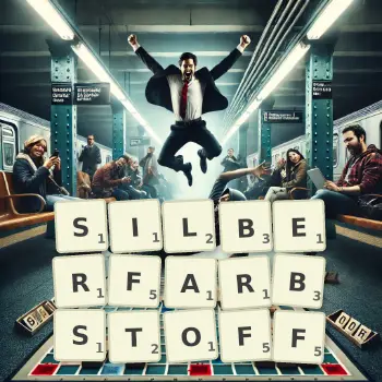 Kreative Illustration für ein Scrabble-Spiel, bei dem das Wort SILBERFARBSTOFF mit Steinen auf dem Brett gelegt wurde.