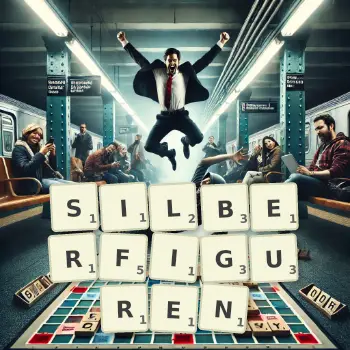 Kreative Illustration für ein Scrabble-Spiel, bei dem das Wort SILBERFIGUREN mit Steinen auf dem Brett gelegt wurde.